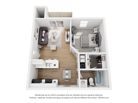 Floor plan for 1 bed, 1 bath, 608 sqft